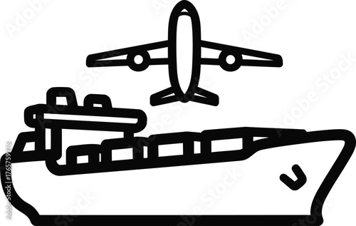 Global cargo transportation line art with airplane and cargo ship