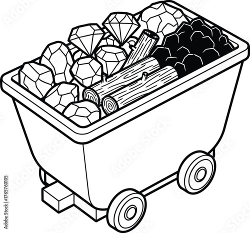 Mining cart full of diamonds rocks logs and coal illustration