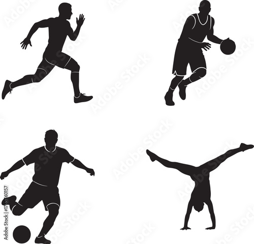 Dynamic silhouettes of athletes in action soccer basketball running and gymnastics
