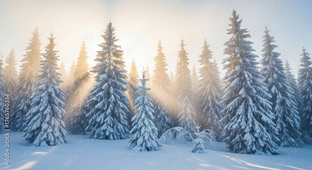 Naklejka premium Snow Covered Pine Trees in Winter Forest Sunlight Soft Natural Lighting
