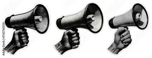 Vintage megaphones in hands