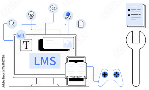 LMS on monitor with book, tablet, gear, lightbulb, certificate, and gaming controller. Ideal for online education, e-learning, training gamification resource management content creation teaching