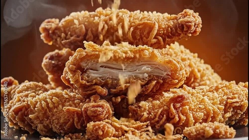 Crispy fried chicken tenders falling against a dark yellow background
