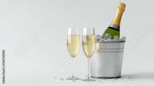 A bottle of champagne in an ice bucket, accompanied by two elegant flutes, creating a celebratory atmosphere.