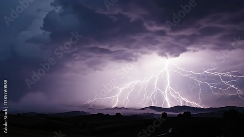 Powerful Lightning Strikes Over Misty Hills During Night Storm