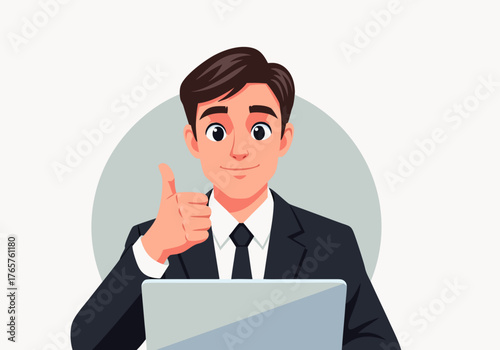 Successful Business Professional Showing Approval with a Thumbs Up and Working on Laptop
