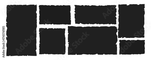 Black torn paper pieces with rough edges and grunge texture. Ripped rectangle frames for collage art, sticker mockup, text box, label design and isolated vector elements on white
