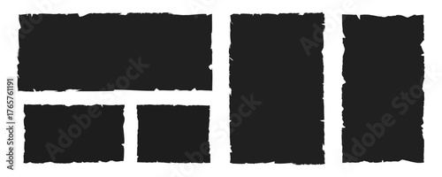  Set of black ripped paper shapes with jagged edges. Grunge rectangle frames and torn silhouettes for collage, sticker, label, banner, scrapbooking and vector textured design
