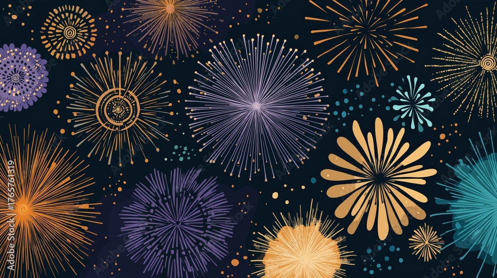 Fototapeta premium A vibrant display of colorful fireworks bursting against a dark background, creating a festive and celebratory atmosphere.