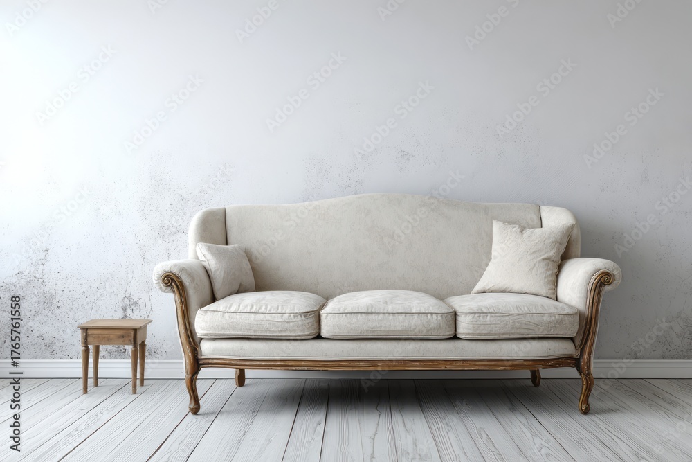 Fototapeta premium A neutral-colored upholstered sofa sits beside a small wooden table in a room.
