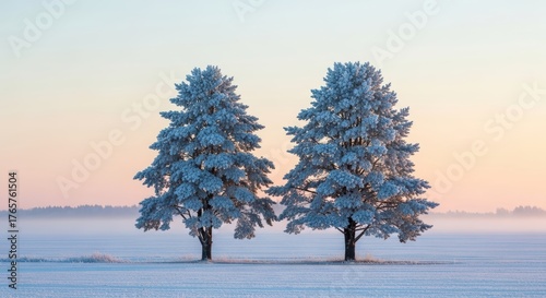 Snow Covered Trees in Winter Landscape at Sunset with Calm Atmosphere