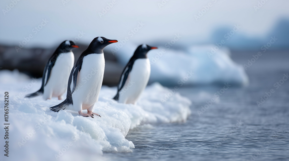 Fototapeta premium Gentoo penguins standing on the icy Antarctic shore surrounded by snow, icebergs, and the vast Southern Ocean. Gentoo penguins, Antarctica, wild nature, polar wildlife, icy landsca