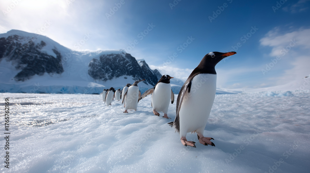 Obraz premium Group of gentoo penguins walking across the Antarctic ice field with majestic glaciers and blue sky in the background. Antarctic wildlife, gentoo penguin colony, frozen continent,