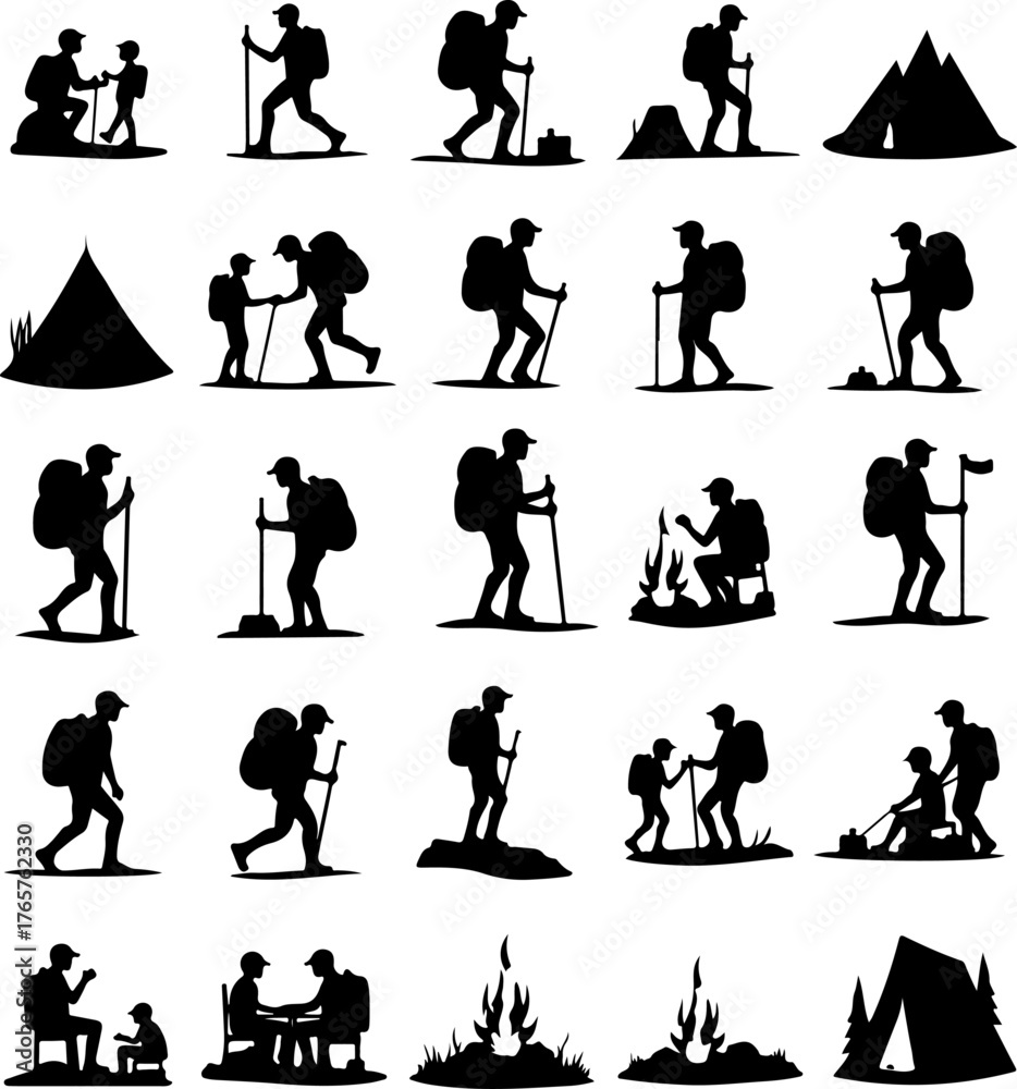 Fototapeta premium Hiking and Camping Silhouette Collection