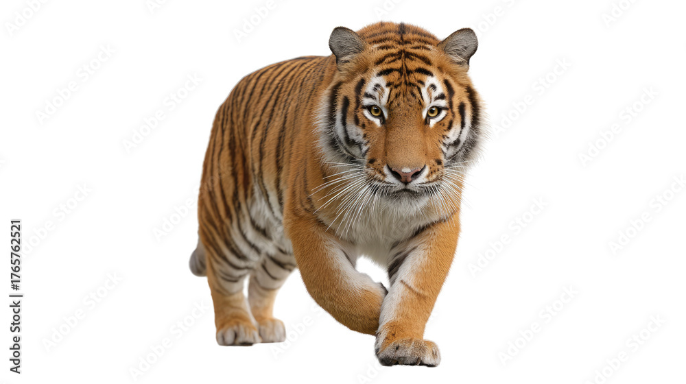 Obraz premium Majestic Tiger Stroll: A powerful tiger confidently strides forward, its vibrant orange and black stripes radiating strength. The animal showcases the splendor of nature's design.