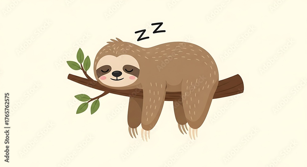 Obraz premium Cute Sleeping Sloth Hanging on Tree Branch in Cartoon Style