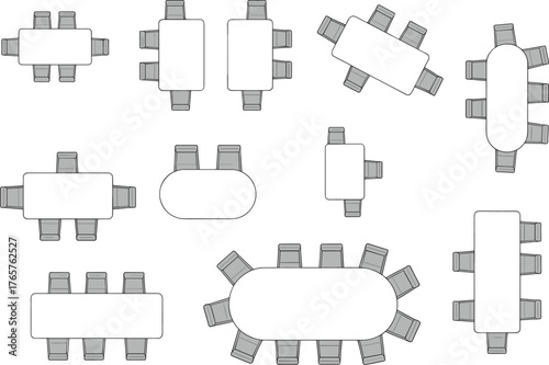 Top view of modern office meeting tables with chairs, conference room furniture layout, workspace interior planning, business collaboration design, 3D floor plan illustration
