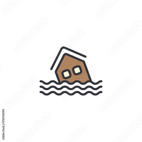 Vector icon of a house partially submerged in rising water, symbolizing flood conditions, natural disasters, emergency alerts, and severe weather warnings for environmental or meteorology applications