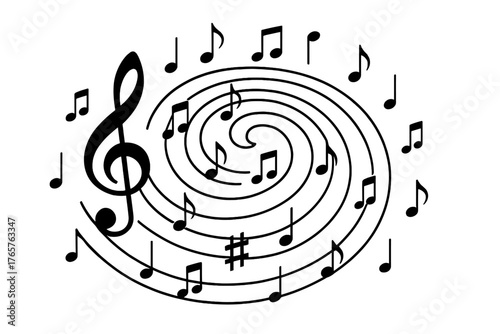 Dynamic musical composition with swirling staff lines and scattered notes surrounding a large treble clef symbol