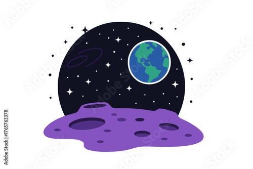 Purple asteroid surface floating in outer space with Earth and stars