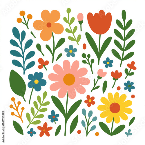 Colorful abstract floral pattern arrangement with stylized spring and summer flowers and foliage