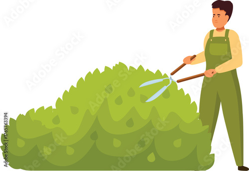 Professional gardener trimming a hedge with gardening shears, ensuring a perfectly manicured and healthy garden