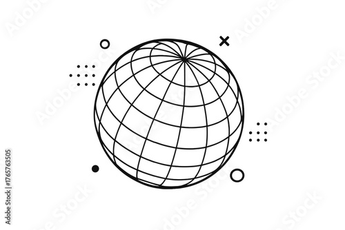 Wireframe globe grid sphere with abstract geometric shapes on a white background