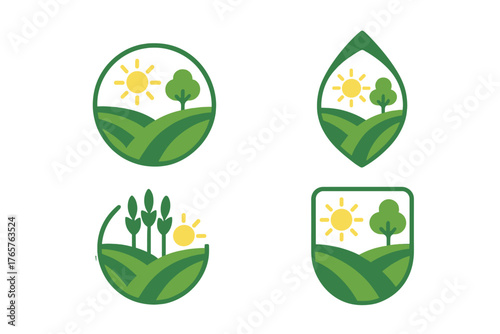 Set of four organic farm and nature landscape emblems with sun, green fields, and healthy trees