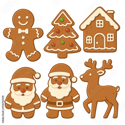 Traditional Christmas gingerbread cookies set including man, tree, house, Santa, and reindeer shapes