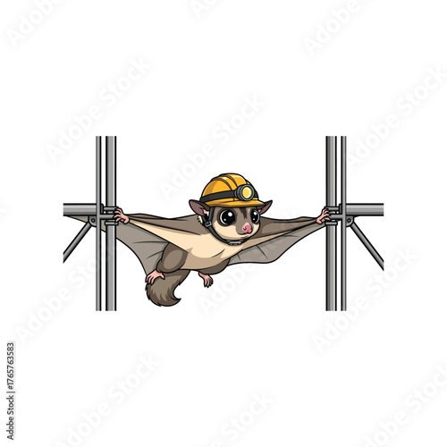 Sugar glider wearing a construction helmet gliding between metal poles.