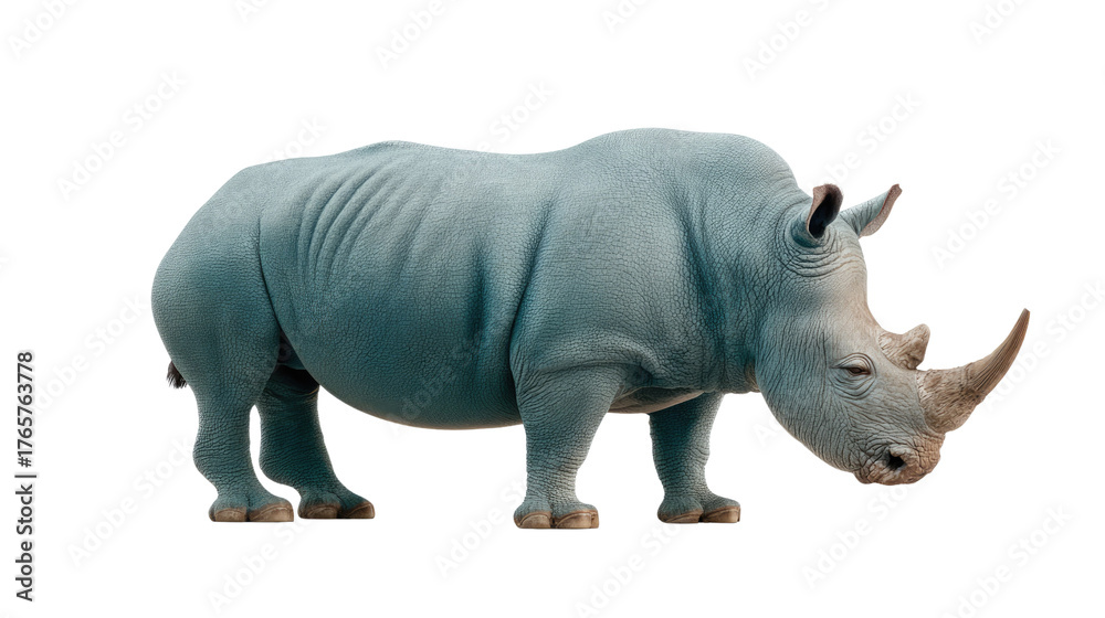 Obraz premium Powerful Rhinoceros in Profile: This image showcases a majestic rhinoceros, its thick hide and impressive horn against a clean backdrop.