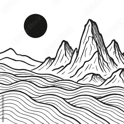 Abstract black and white landscape with rugged mountains and wavy lines under a dark sun or moon