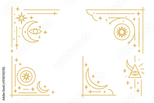Set of golden celestial and esoteric corner frames featuring mystic symbols and the all-seeing eye