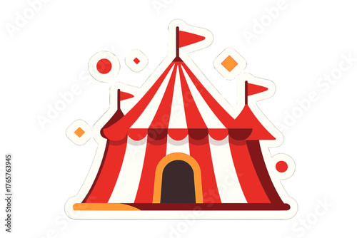 Classic red and white striped big top circus tent with decorative flags