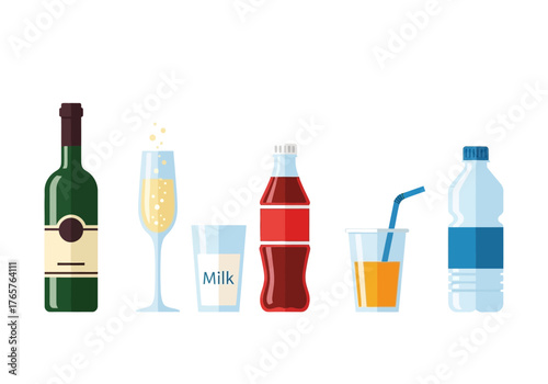 Various Drink Icons: Red Wine Bottle, Champagne Glass, Milk, Orange Soda Drink, and Mineral Water Bottle 