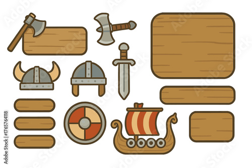 Viking warrior equipment set with horned helmet, axes, sword, shield, longship, and wooden banners
