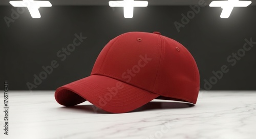 Red baseball cap on marble, backlit by lights