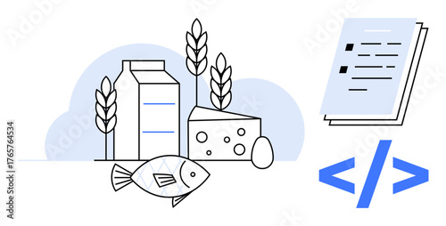 Milk carton, cheese, fish, eggs, wheat, and a document with coding bracket representing diet and technology integration. Ideal for health, nutrition, digital tools diet plans food choices coding