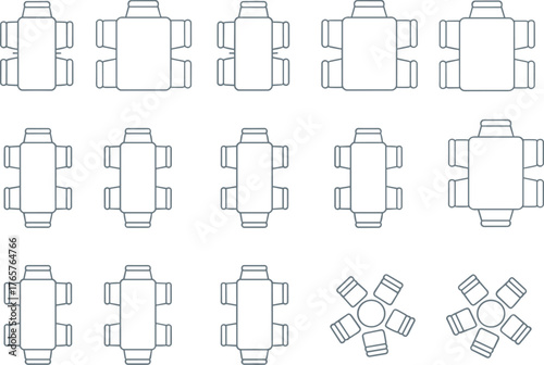 Top view of office meeting tables and chairs, conference room furniture layout, modern workspace design, business collaboration setup, architectural floor plan, interior planning illustration