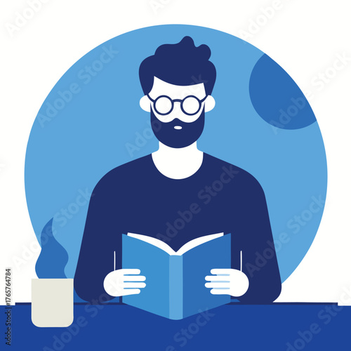 Man Reading Book Vector Illustration, Modern Blue Flat Design, Education Concept, Isolated on White Background