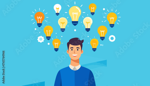 Creative Thinking Man with Light Bulb Ideas Above Head, Innovation Concept