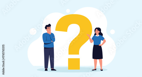 Man and woman contemplating a large question mark, representing problem solving, decision making, and seeking answers