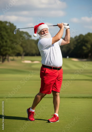 Santa Claus Executing a Powerful Golf Swing in Summer.