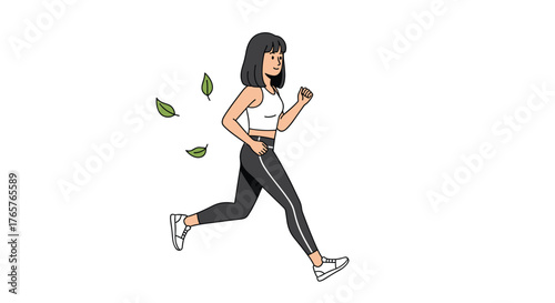 Energetic woman joyfully running outdoors, embracing fitness and healthy lifestyle, feeling free with leaves blowing in the wind