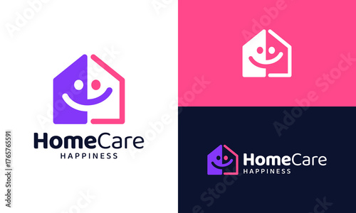 Cheerful Homecare Logo Smiling House Icon in Purple and Pink.