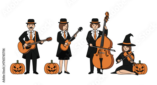 Halloween band playing festive music with pumpkins, costumes, and musical instruments for holiday celebrations