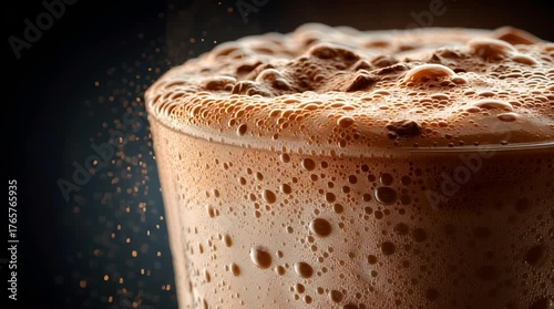 Creamy chocolate beverage with froth and bubbly foam glass, chocolate drink with creamy frothy bubble texture, cocoa dusted indulgent drink close up