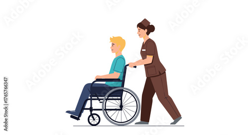 Caring nurse assisting patient in wheelchair, providing support and compassion for healthcare needs, promoting recovery and well-being