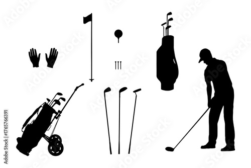 Golf set basis silhouettes on white background