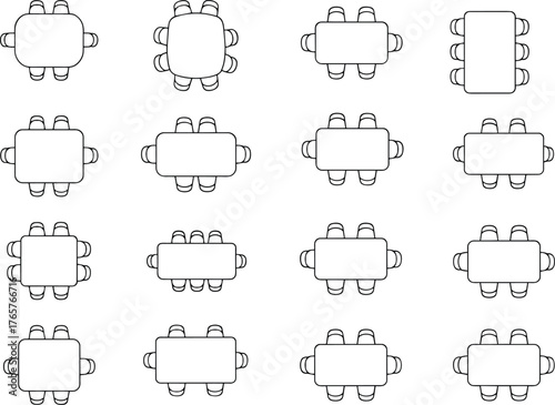 Top view office table layout, meeting room furniture arrangement, conference seating plan, workspace interior design, business teamwork concept, modern office design illustration, collaboration space